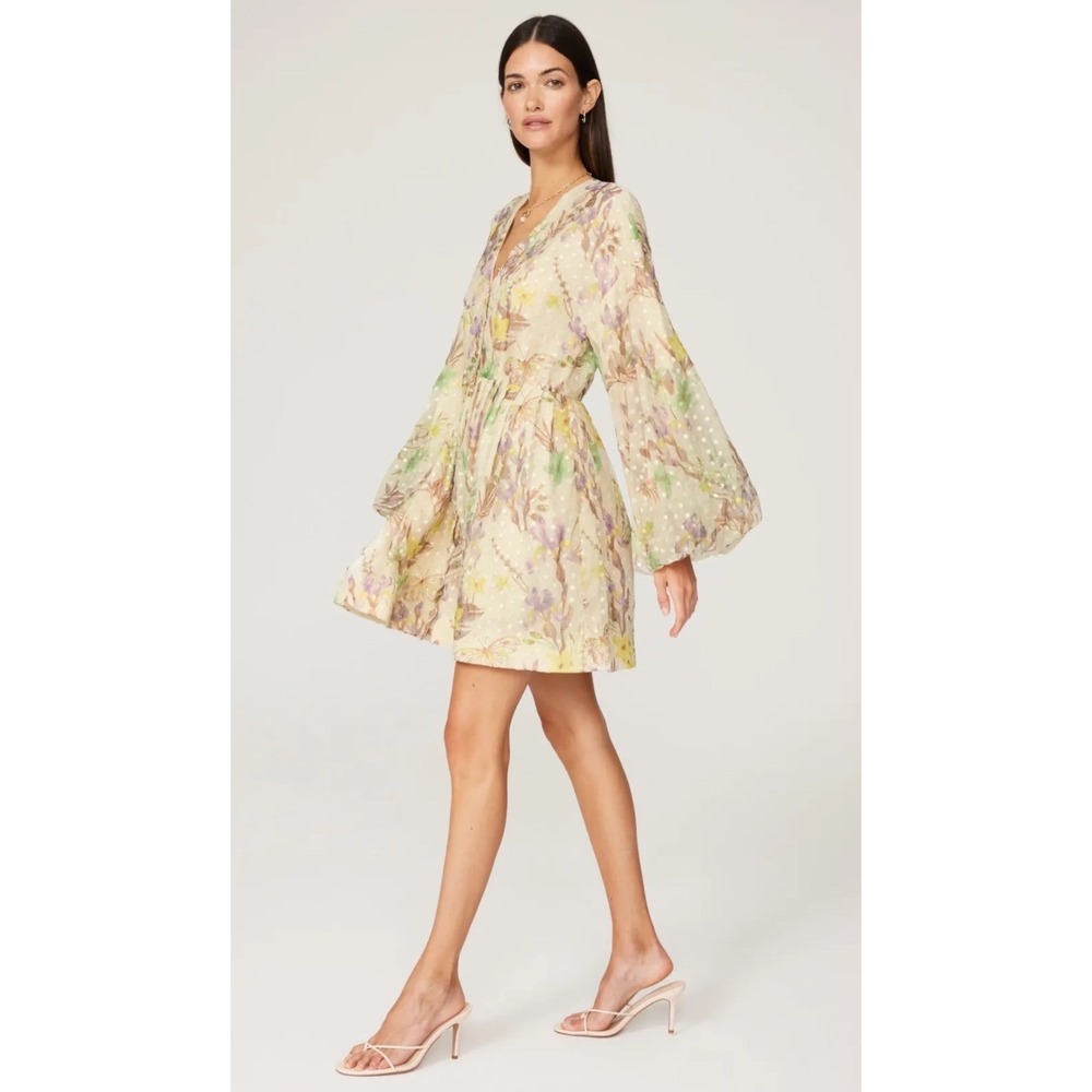 Alexis Behati Floral Swiss Dot Balloon Sleeve Mini Dress Cream Yellow Multi L - Picture 2 of 8